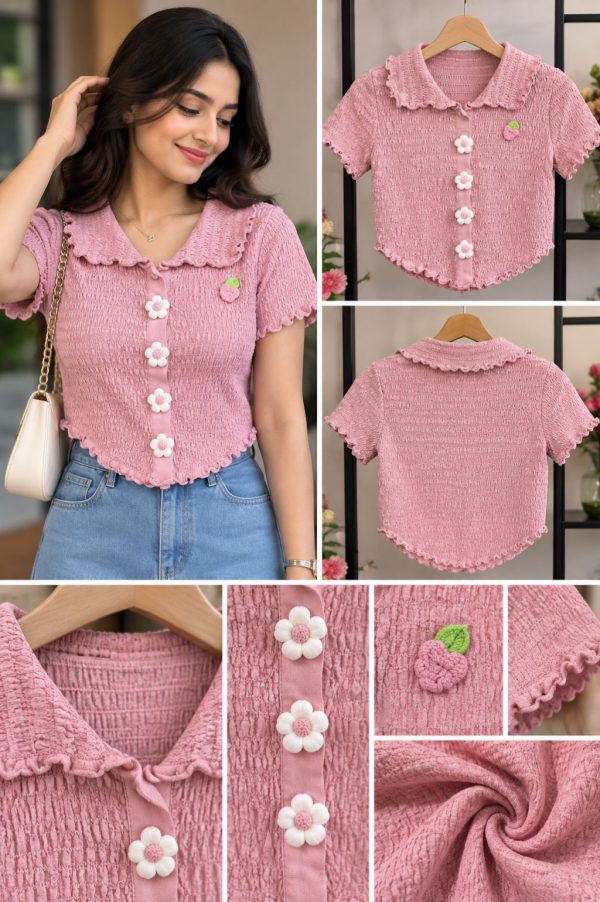 Pink Textured Smocked Crop Top with Floral Buttons