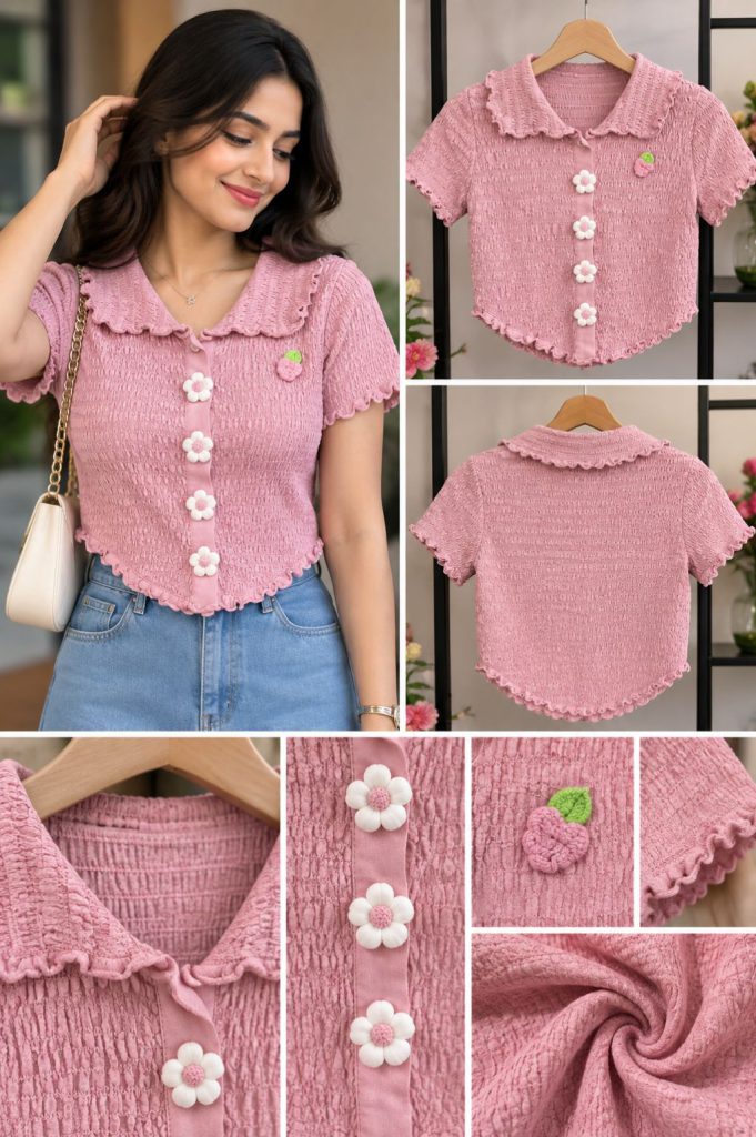 Pink Textured Smocked Crop Top with Floral Buttons