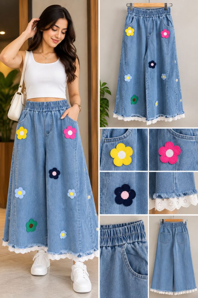 Denim Wide-Leg Culottes with Colorful Flower Patches and Lace Trim