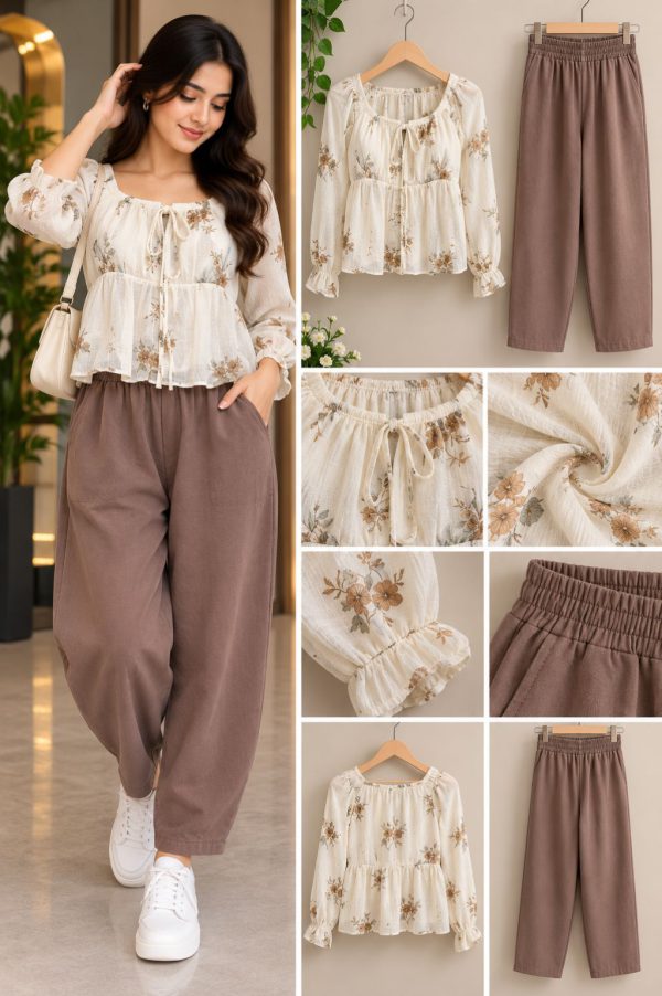 Ivory Floral Print Tiered Blouse with Brown Balloon-Leg Pants