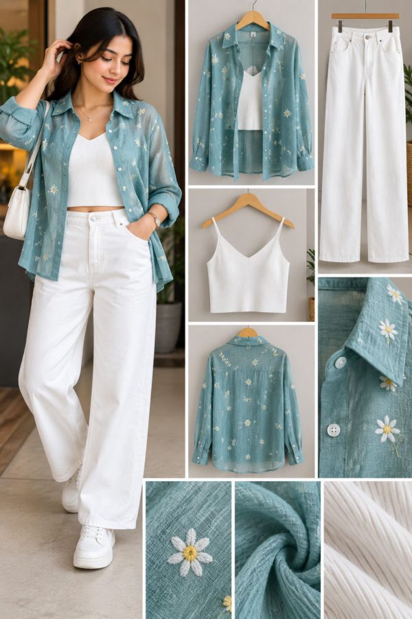 Teal Daisy Print Sheer Shirt with White Cami and White Wide-Leg Jeans