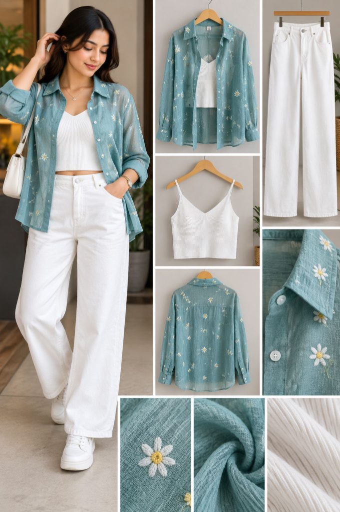 Teal Daisy Print Sheer Shirt with White Cami and White Wide-Leg Jeans