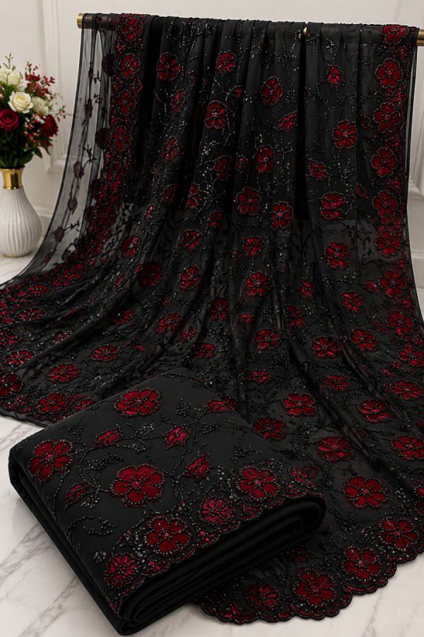 Black Net Saree with Maroon Floral Embroidery & Scalloped Border