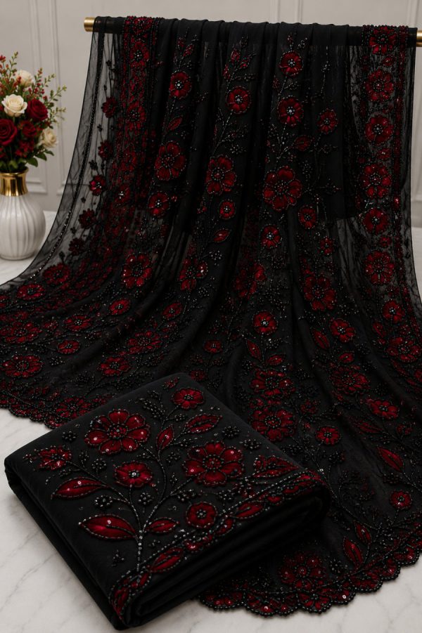 Black Net Saree with Red Floral Bead & Sequin Work