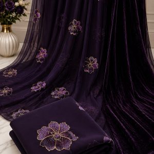 Luxurious Aubergine Saree with Velvet Trim & Gold Floral Embellishments