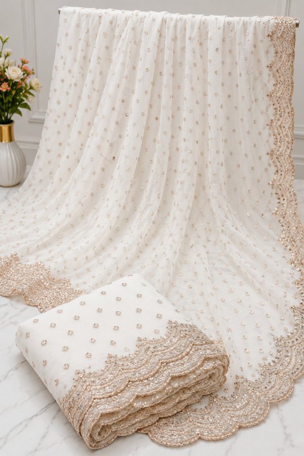 Cream Georgette Saree with Gold Sequin Scalloped Hem