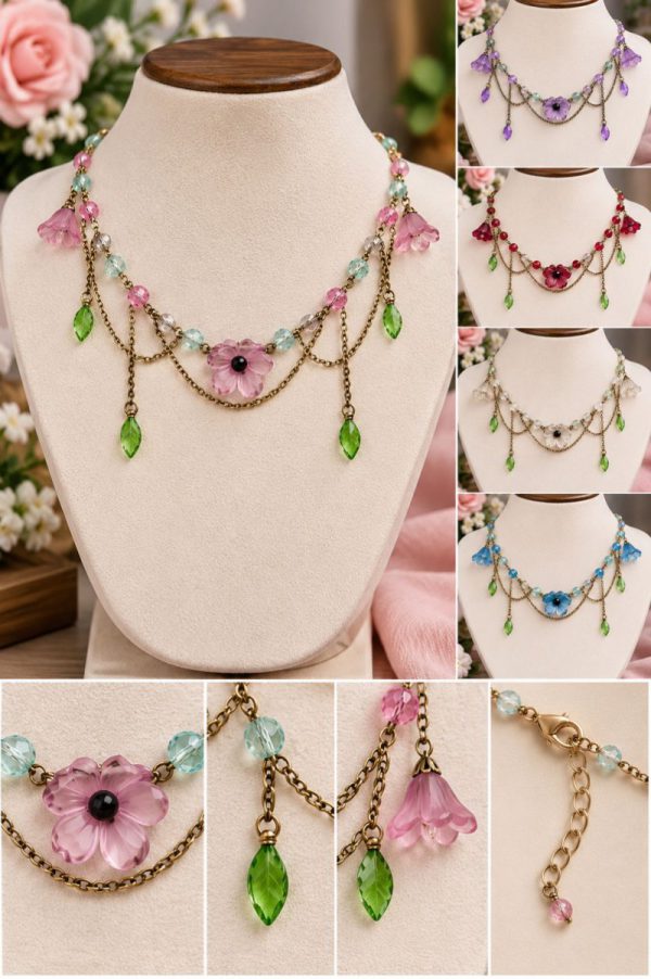 Pink Floral Beaded Statement Necklace