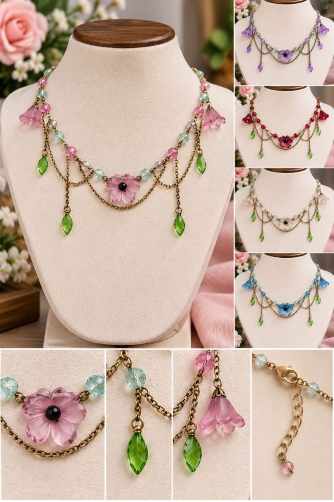 Pink Floral Beaded Statement Necklace