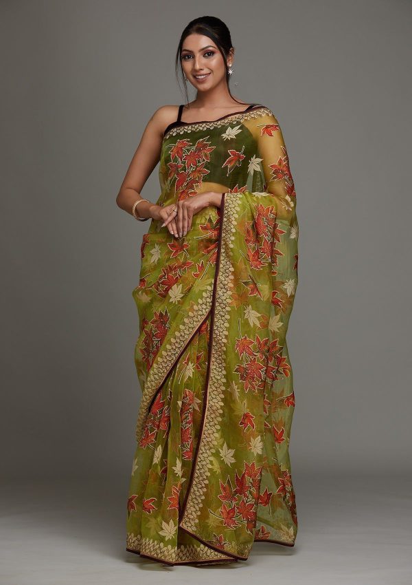 Vibrant Parrot Green Organza Saree with Printed Details