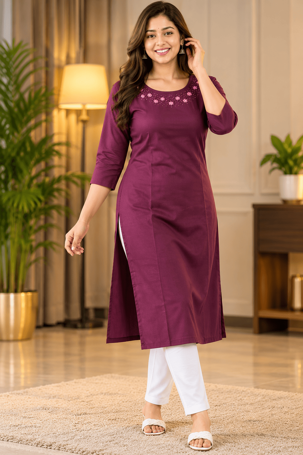 Maroon Premium-Quality Cotton Kurti for Women with Floral Embroidery