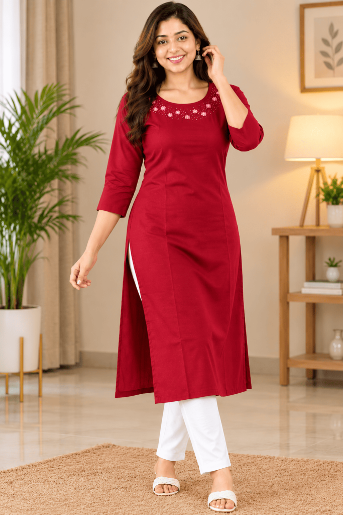 Red Premium-Quality Kurti for Women with Elegant Floral Embroidery